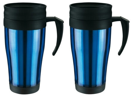 Set van 3x stuks thermosbeker/warmhoudbeker blauw/zwart 400 ml - Thermo koffie/thee bekers dubbelwandig met schroefdop