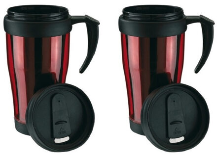 Set van 3x stuks thermosbeker/warmhoudbeker rood/zwart 400 ml - Thermo koffie/thee bekers dubbelwandig met schroefdop