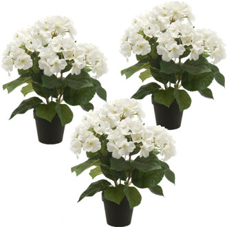 Set van 3x stuks witte hortensia kunstplanten in kunststof pot 40 cm - Hydrangea Macrophylla - Woondecoratie/accessoires - Kunstplanten - Nepplanten - Hortensia planten in pot