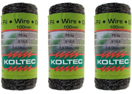 Set van 3x Zwart schrikdraad/afrasteringsdraad kunststof - 2 mm - 12 PE - 100 meter - Hobby/professioneel - Schrikdraden - Afrasteringsdraad