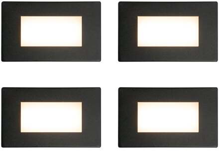 Set van 4 Dillon LED Inbouw wandlampen Zwart - Wand Inbouwspot rechthoek - 3 Watt 340 Lumen - 3000K warm wit - IP54