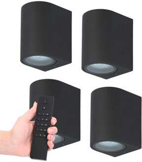 Set van 4 dimbare LED wandlamp Alvin - Zwart - 2700K warm wit - GU10 fitting - Downlight - IP65 Waterdicht - Incl. dimmer met afstandsbediening