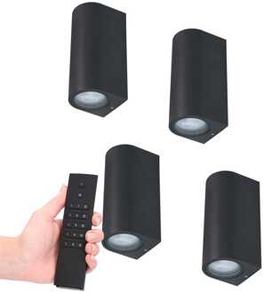 Set van 4 dimbare LED wandlamp Douglas - 2700K warm wit- GU10 - Up & Down light - IP65 Waterdicht - Incl. dimmer met afstandsbediening - tuinverlichting Zwart