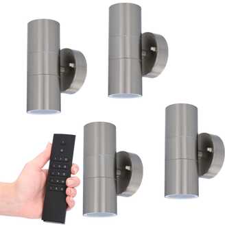 Set van 4 dimbare LED Wandlamp Jasmin - 2700K warm wit - GU10 fitting - Up & Down light - IP44 waterdicht - Incl. dimmer met afstandsbediening RVS