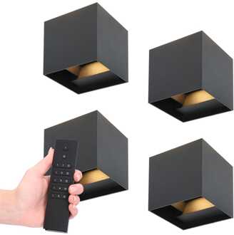Set van 4 dimbare LED Wandlampen Kansas - zwart - 7 Watt 560 lumen - 3000K warm wit - Up & Down light - IP65 - Incl. dimmer met afstandsbediening