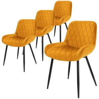 Set van 4 Eetkamerstoelen Eetkamerstoel met Rugleuning en Armleuningen, Oker, Fluwelen Zitting, Metalen Poten, Koperkleurig