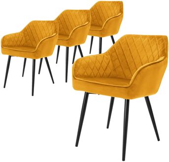 set van 4 eetkamerstoelen met armleuning en rugleuning, oker, keukenstoel met fluwelen bekleding, gestoffeerde Zwart