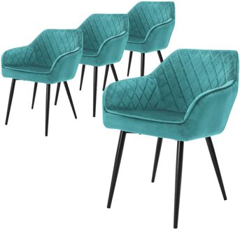 Set van 4 eetkamerstoelen met armleuning en rugleuning, turquoise, keukenstoel met fluwelen bekleding Zwart