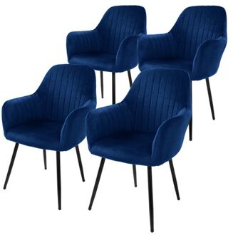 set van 4 eetkamerstoelen met rugleuning en armleuningen, blauw, keukenstoelen met fluwelen bekleding,