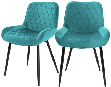 Set van 4 Eetkamerstoelen met Rugleuning en Armleuningen, Turquoise, Fluwelen Zitting, Metalen Poten