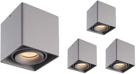 Set van 4 Esto LED vierkante opbouwspots - Dimbaar - Kantelbaar - 4 Watt 345 lumen - 2700K warm wit - GU10 - Plafondspot - Voor binnen - Vervangbare afdekring - Grijs
