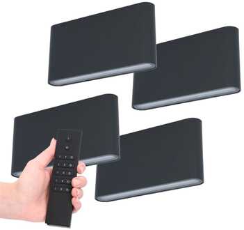 Set van 4 LED Wandlampen Dallas M - Zwart - 12 Watt 660 lumen - 3000K warm wit - Up & Down light - IP54 waterdicht - Incl. dimmer met afstandsbediening - Binnen & Buiten