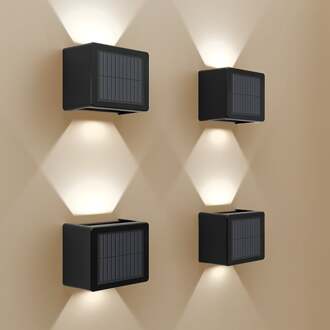 Set van 4 Louis - Solar LED Wandlamp - Kubus - Up&Downlight - CCT warm wit-koud wit - Zwart- IP65 waterdicht - 4 LEDs - tuinverlichting - buitenlamp