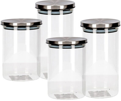 Set van 4 stuks glazen transparante voorraadbussen/voorraadpotten met deksel 650ml/900ml - Voorraadpot Zilverkleurig