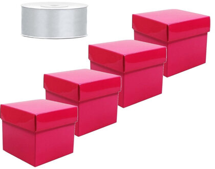 Set  van 4 vierkante cadeau doosjes fuchsia roze 10 x 10 cm en 1 rol kadolint / sierlint zilver 25 meter
