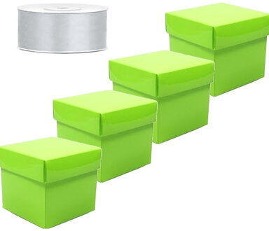 Set  van 4 vierkante cadeau doosjes groen 10 x 10 cm en 1 rol kadolint / sierlint zilver 25 meter