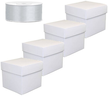 Set  van 4 vierkante cadeau doosjes wit 10 x 10 cm en 1 rol kadolint / sierlint  zilver 25 meter