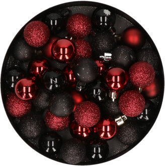 Set van 40x stuks kunststof kerstballen mix zwart en donkerrood 3 cm - Kerstbal