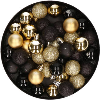 Set van 48x stuks kunststof kerstballen mix zwart en goud 3 cm - Kerstbal Goudkleurig