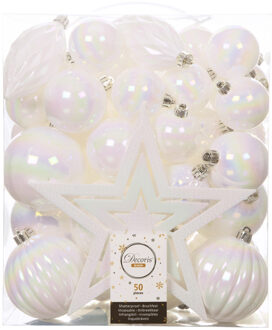 Set van 49x stuks kunststof kerstballen met ster piek parelmoer wit mix - Kerstbal