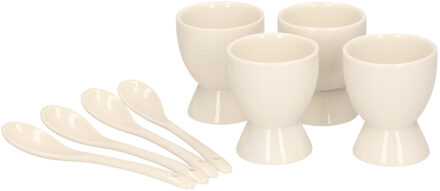 Set van 4x eierdopjes met lepel - wit - porselein - 6 cm