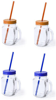 Set van 4x glazen drinkbekers dop/rietje 500 ml blauw/oranje - Drinkbekers