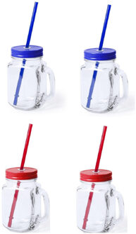 Set van 4x glazen drinkbekers dop/rietje 500 ml blauw/rood