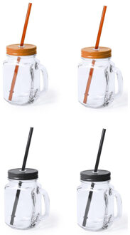 Set van 4x glazen drinkbekers dop/rietje 500 ml zwart/oranje