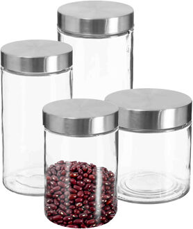Set van 4x keuken voorraadbussen/potten glas RVS deksel - 4 formaten - Voorraadpot Transparant