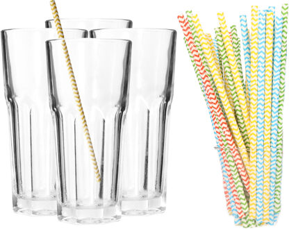 Set van 4x longdrink glazen en 100x duurzame papieren rietjes - 280 ml - Longdrinkglazen Transparant