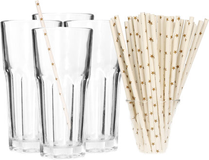 Set van 4x longdrink glazen en 100x duurzame papieren rietjes - 280 ml - Longdrinkglazen Transparant