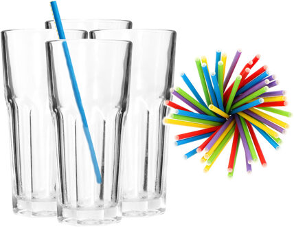 Set van 4x longdrink glazen en 100x duurzame papieren rietjes - 280 ml - Longdrinkglazen Transparant