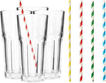 Set van 4x longdrink glazen en 100x duurzame papieren rietjes - 280 ml - Longdrinkglazen Transparant