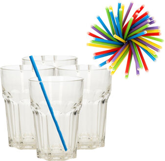 Set van 4x longdrink glazen en 100x duurzame papieren rietjes - 360 ml - Drinkglazen Transparant