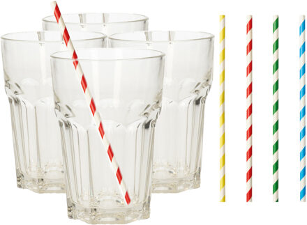 Set van 4x longdrink glazen en 100x duurzame papieren rietjes - 360 ml - Drinkglazen Transparant