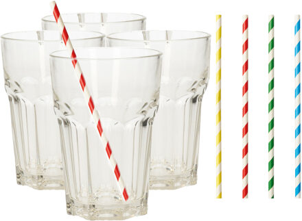 Set van 4x longdrink glazen en 100x duurzame papieren rietjes - 360 ml