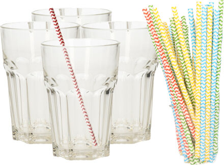 Set van 4x longdrink glazen en 25x duurzame papieren rietjes - 360 ml - Drinkglazen Transparant