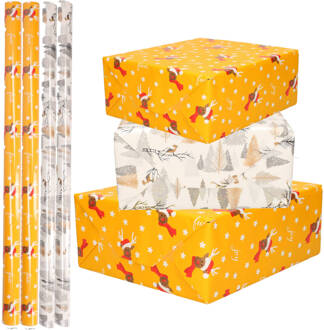 Set van 4x Rollen Kerst inpakpapier/cadeaupapier rendieren/vogels/bomen 2,5 x 0,7 meter - Cadeaupapier