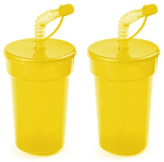 Set van 4x stuks afsluitbare plastic drinkbeker geel 400 ml met rietje voor kinderen/peuters - Drinkbekers