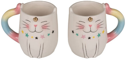 Set van 4x stuks bekers/mokken eenhoorn kat/poes met regenboog print13 cm - Unicorn dieren bekers/mokken