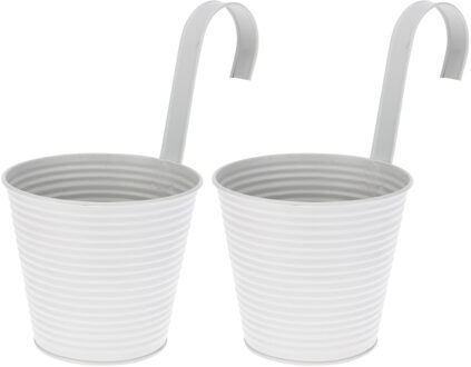 Set van 4x stuks bloempotten/plantenbakken zink met ophanghaak wit gestreept 14 x 12 x 24 cm