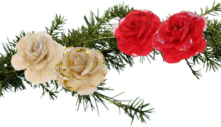 Set van 4x stuks decoratie bloemen rozen goud en rood op clip 9cm - Kersthangers Multikleur