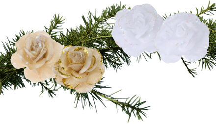 Set van 4x stuks decoratie bloemen rozen goud en wit op clip 9cm - Kersthangers Multikleur