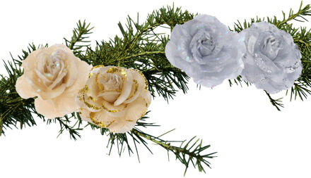 Set van 4x stuks decoratie bloemen rozen goud en zilver op clip 9cm - Kersthangers Multikleur