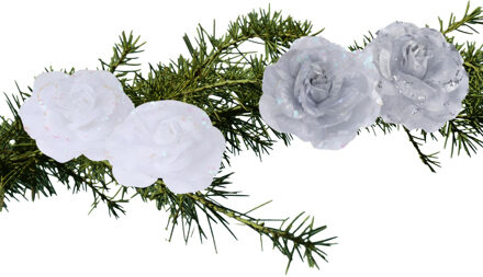 Set van 4x stuks decoratie bloemen rozen wit en zilver op clip 9cm - Kersthangers Multikleur