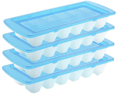 Set van 4x stuks iJsblokjes/ijsklontjes maken bakjes met afsluit deksel blauw 28 cm