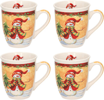Set van 4x stuks kerstmokken sneeuwpop met rode muts kerst artikelen