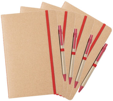 Set van 4x stuks natuurlijn schriftjes/notitieboekjes karton/rood met elastiek A5 formaat