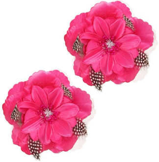 Set van 4x stuks roze speld Hawaii haarbloem met veertjes - Verkleed bloemen voor in je haar