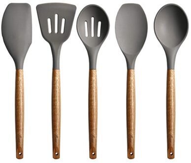 Set Van 5 Siliconen Kookgerei Set, Houten Handvat Spatel, Lepel Borstel, Non-Stick Kookgerei, Keukengerei